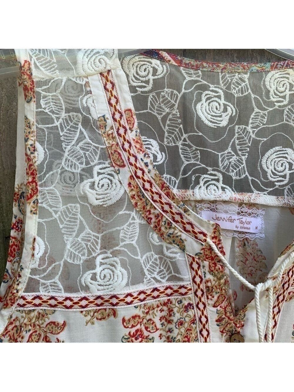 JENNIFER TAYLOR multicolor boho print lace yoke festival sleeveless tie neck top - Picture 5 of 10